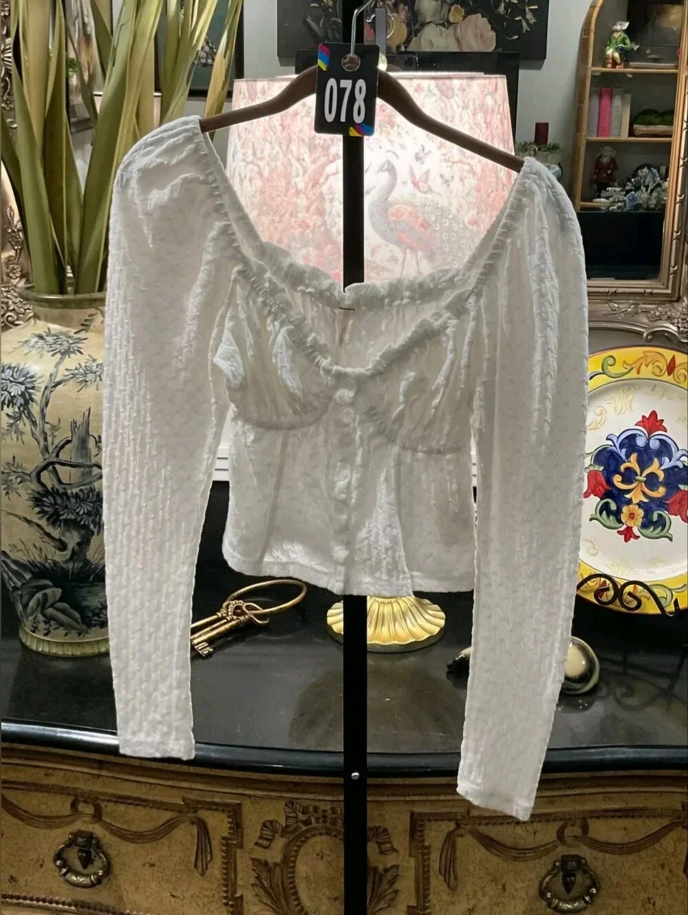 Free People Cream Lace-Trim Square Neck Long Sleeve Top